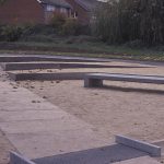 Bound gravel flooring and benches delivered from Barcelona.