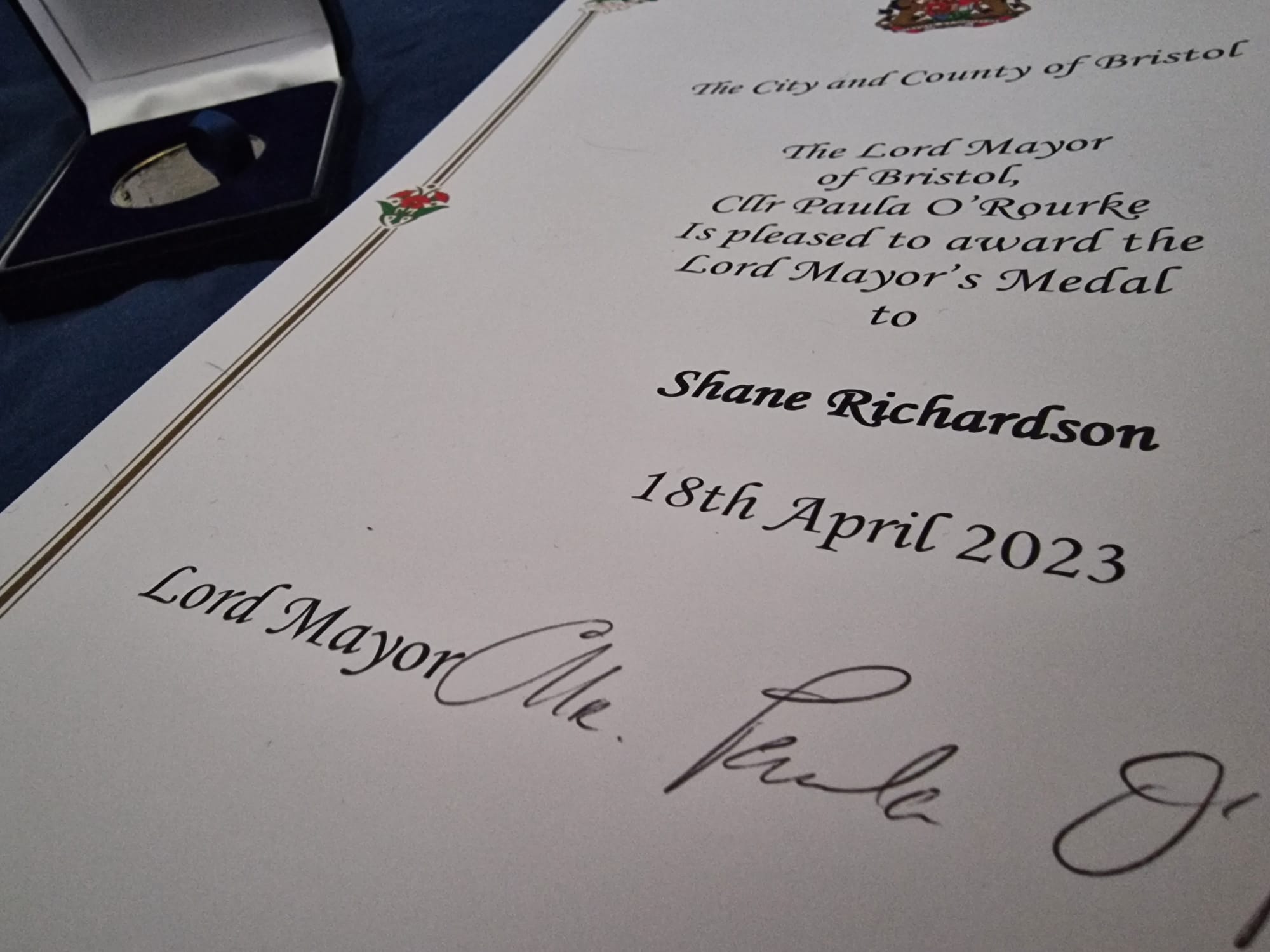 Lord Mayor’s Award certificate presented to Spacemakers Bristol