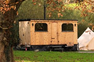 Wood-fired community sauna exterior at Stone & Steam, nestled in woodland glade at Hartcliffe City Farm, Bristol – inviting cedar cabin in nature